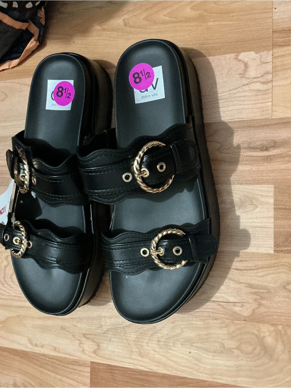 NEW Dolce Vita Black Slide Sandals with Gold Rope Buckles - Women's